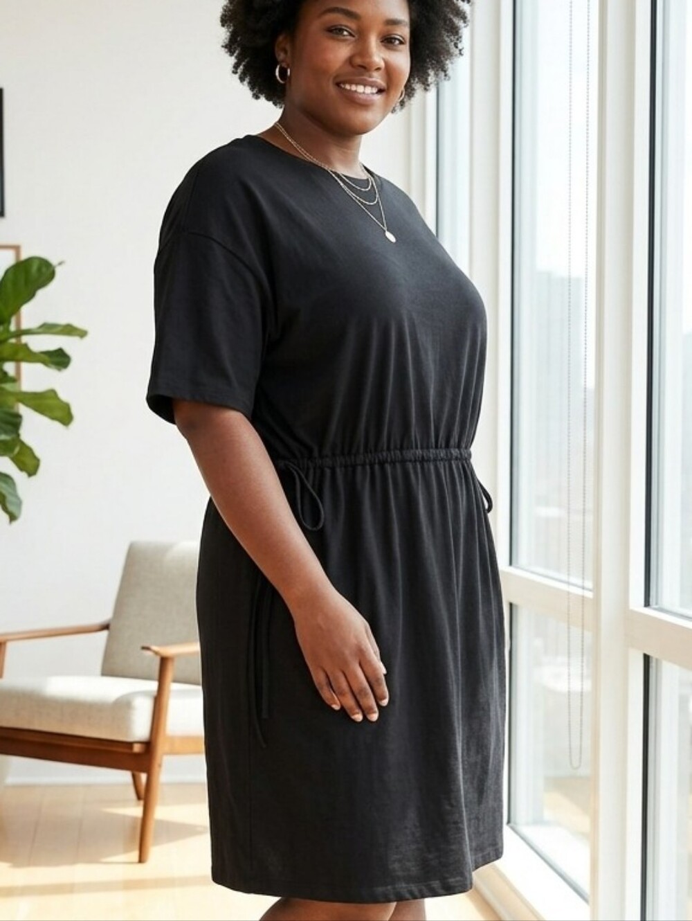 Old Navy Black Drawstring Waist T-Shirt Dress